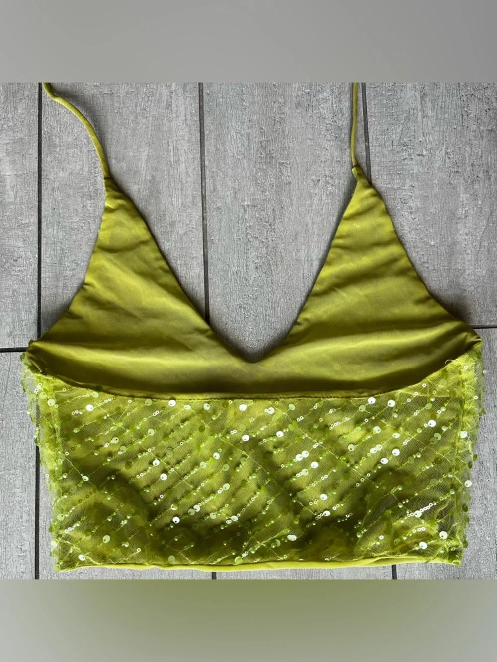 Meshki Lime Green Sequin Midi Dress Size S/M Halter Neck & Skirt Set - Picture 7 of 16